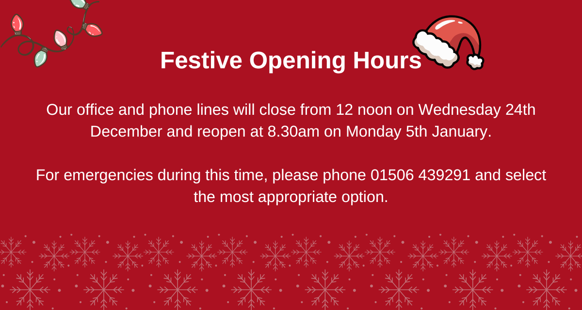 Our office is closed from 12pm on Wednesday 24th December and reopen at 8.30am on Monday 5th January